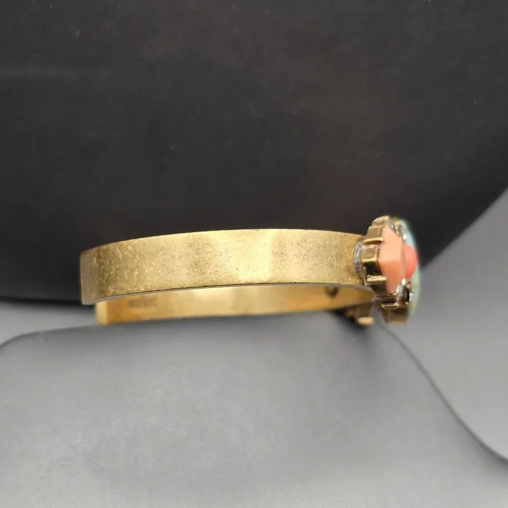 J Crew Antique Gold Tone Cuff Bracelet Faux Coral & Turquoise Stones Rhinestones - Picture 4 of 9
